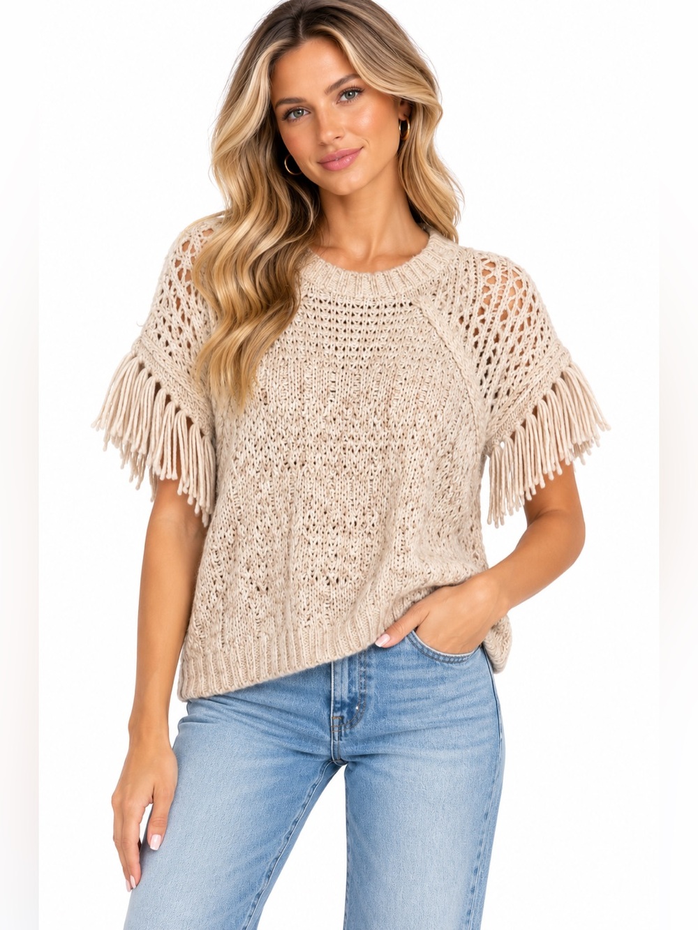 Universal Threads OSFM Fringe Sleeve Open-Knit Short Sleeve Sweater - Cream
